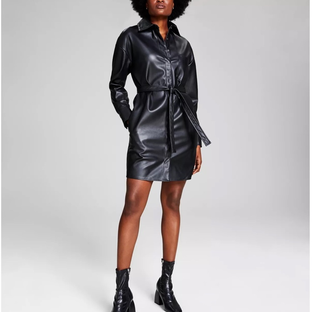 NWT And Now This Black Faux Leather Shirt Dress Size Medium